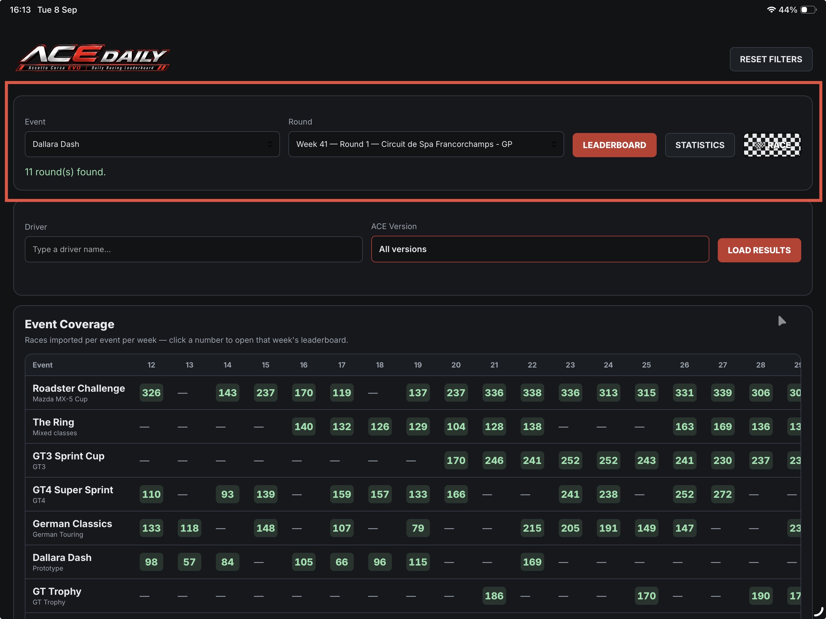 Home screen with Event/Round filters and Event Coverage table